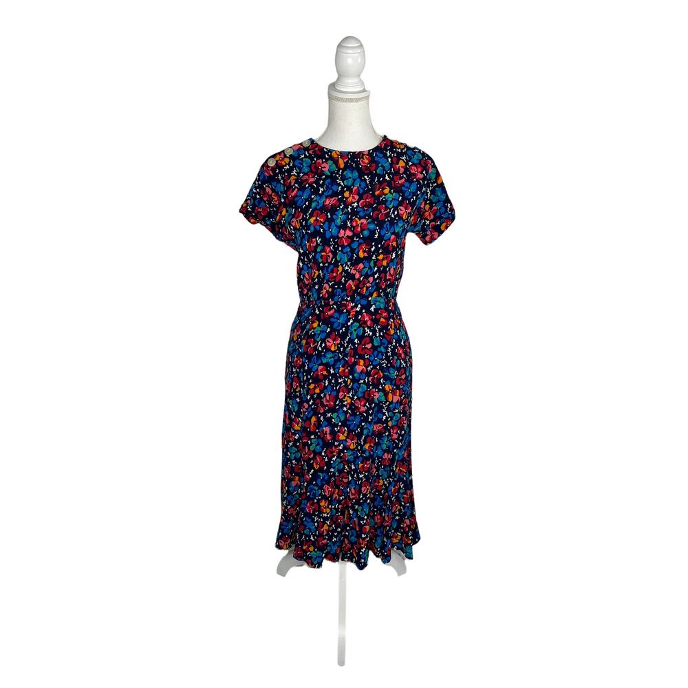 Liz Claiborne Women’s Vintage Petite Navy Floral Midi A-Line Dress Size 4P